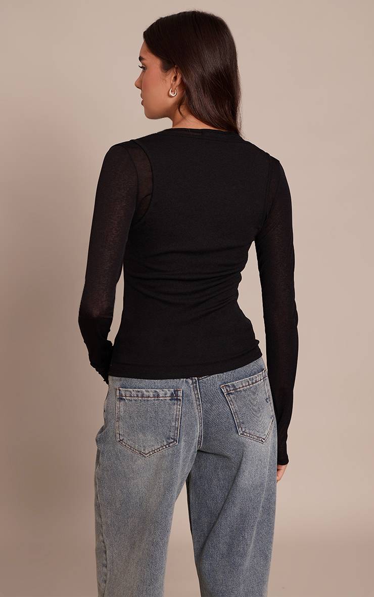 Noir Top À Manches Longues Avec Détail Superposition En Mesh Brûlé