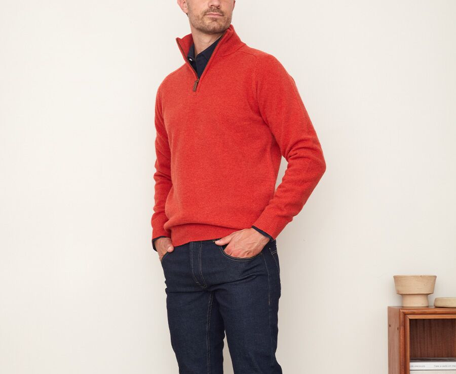 Pull col zippé homme laine Feu chiné - KENNETH