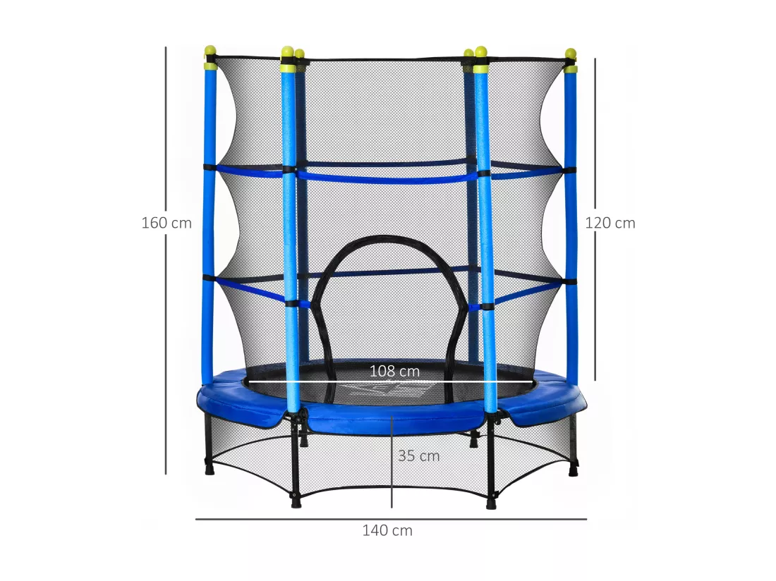 Trampoline enfant Ø 1,40 × 1,60H m filet de sécurité porte zipée couvre-ressorts 6 poteaux rembourrés inclus bleu