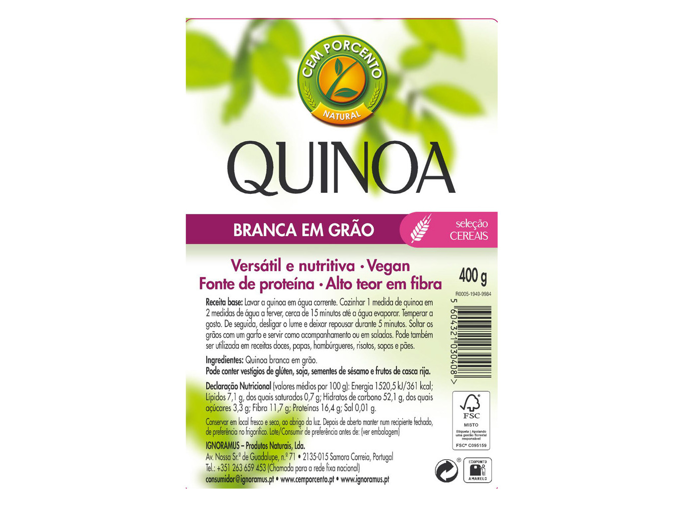 QUINOA CEM PORCENTO BRANCA 400G