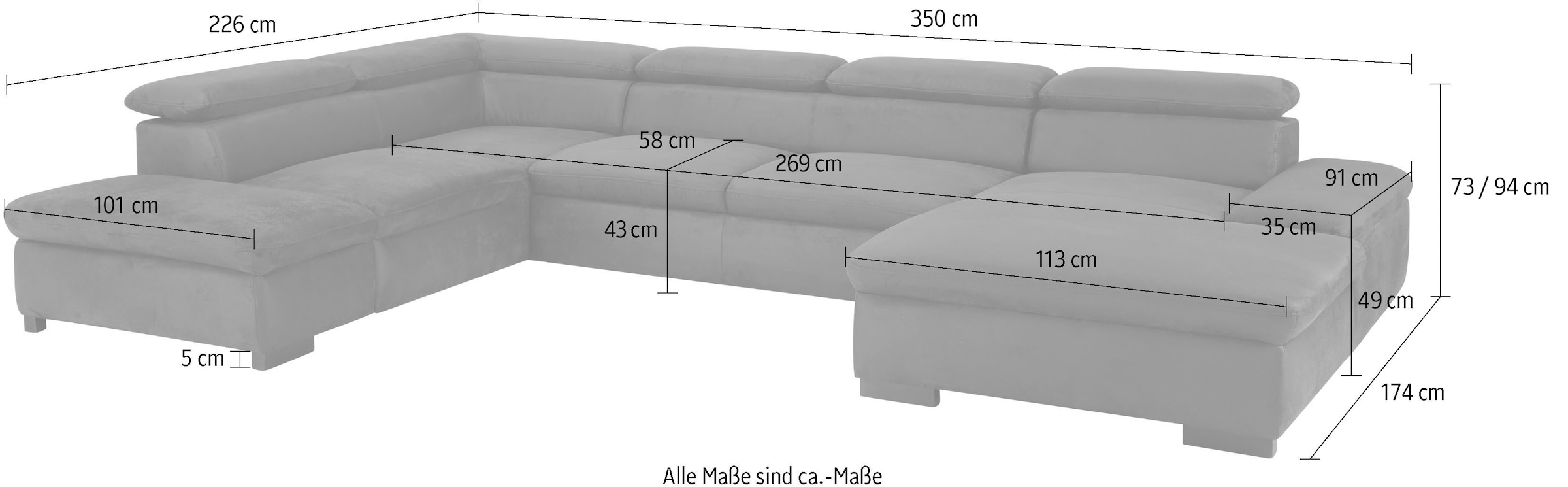 Home affaire Wohnlandschaft »Alberto U-Form« mit Kopfteilverstellung, wahlweise mit Bettfunktion