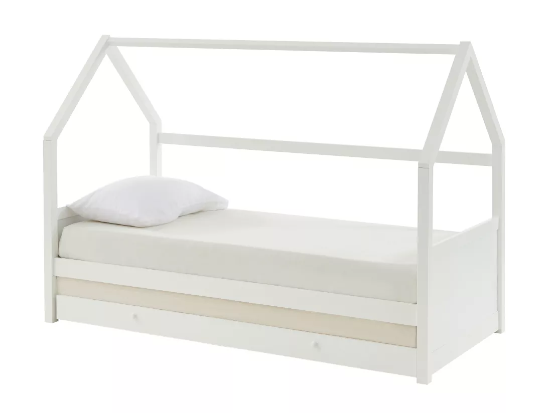 Lit gigogne cabane 2 x 90 x 190 cm - Pin - Blanc + Matelas - HURRA