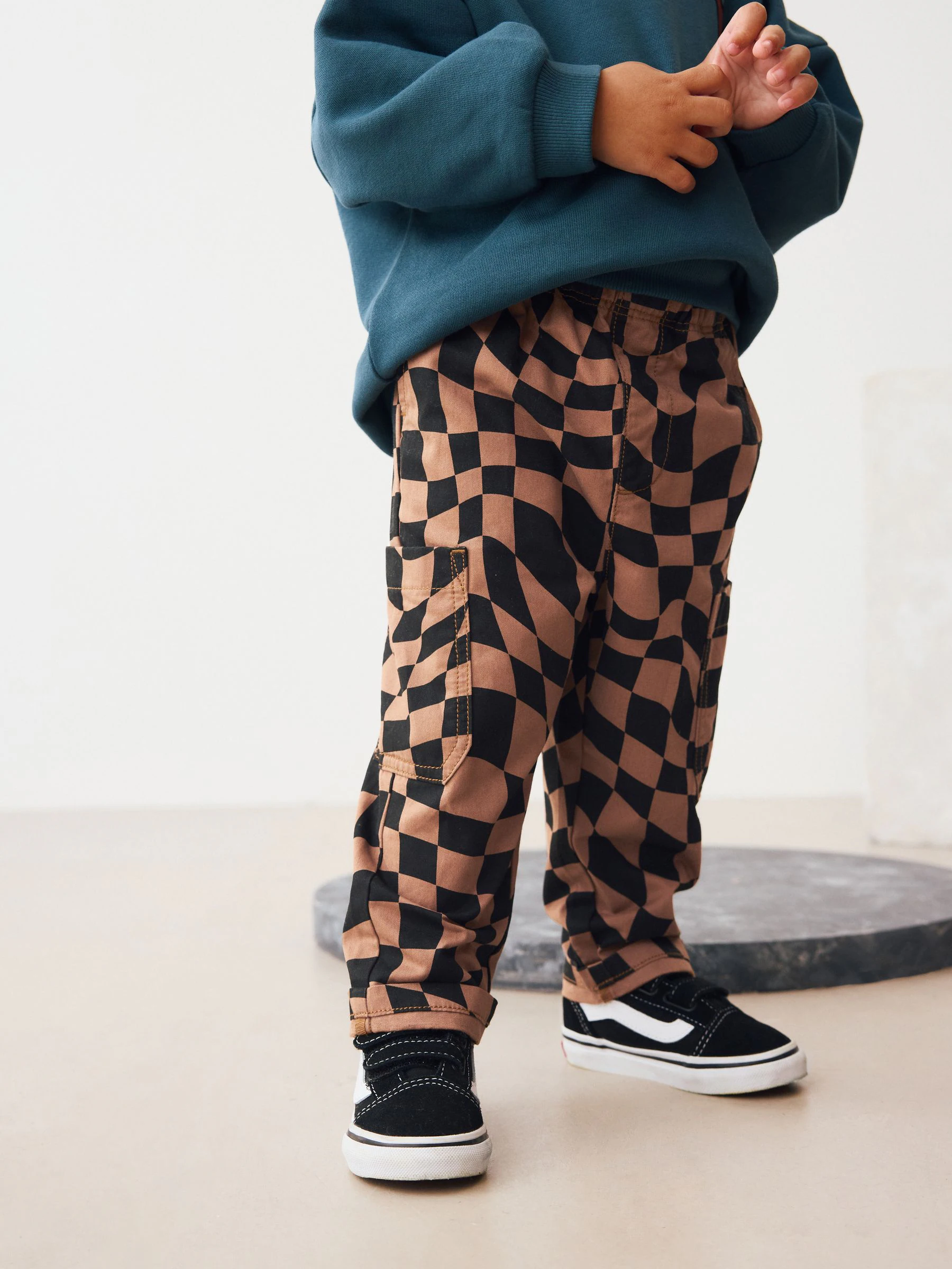 Zwart/lichtbruin dambordpatroon - Broek met elastische taille en zijzakken (3mnd -7jr)
