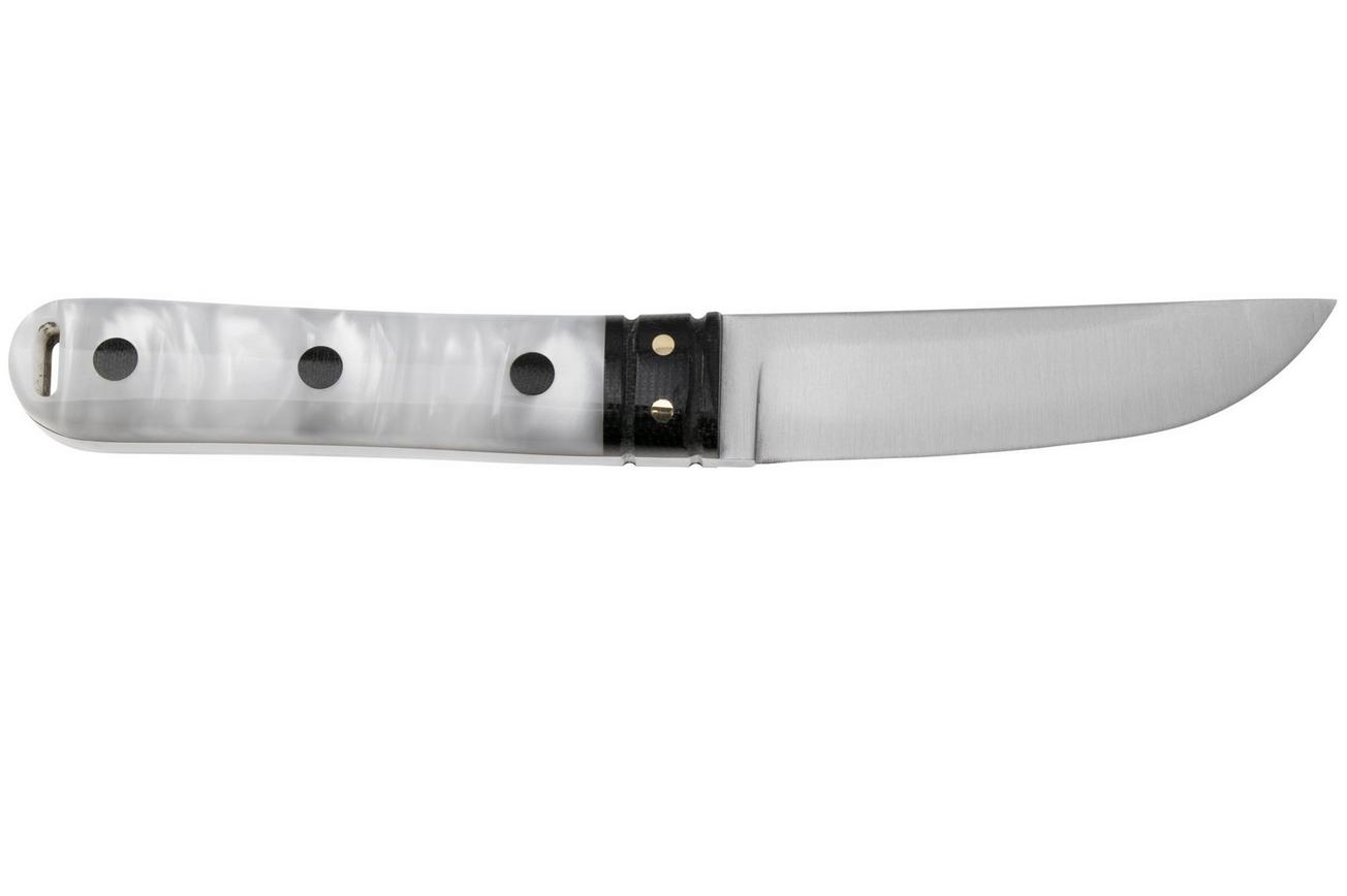Bark River Kitsuné Tanto CPM 154 White Pearl Kirinite Black Micarta Bolster and Pins, vaststaand mes
