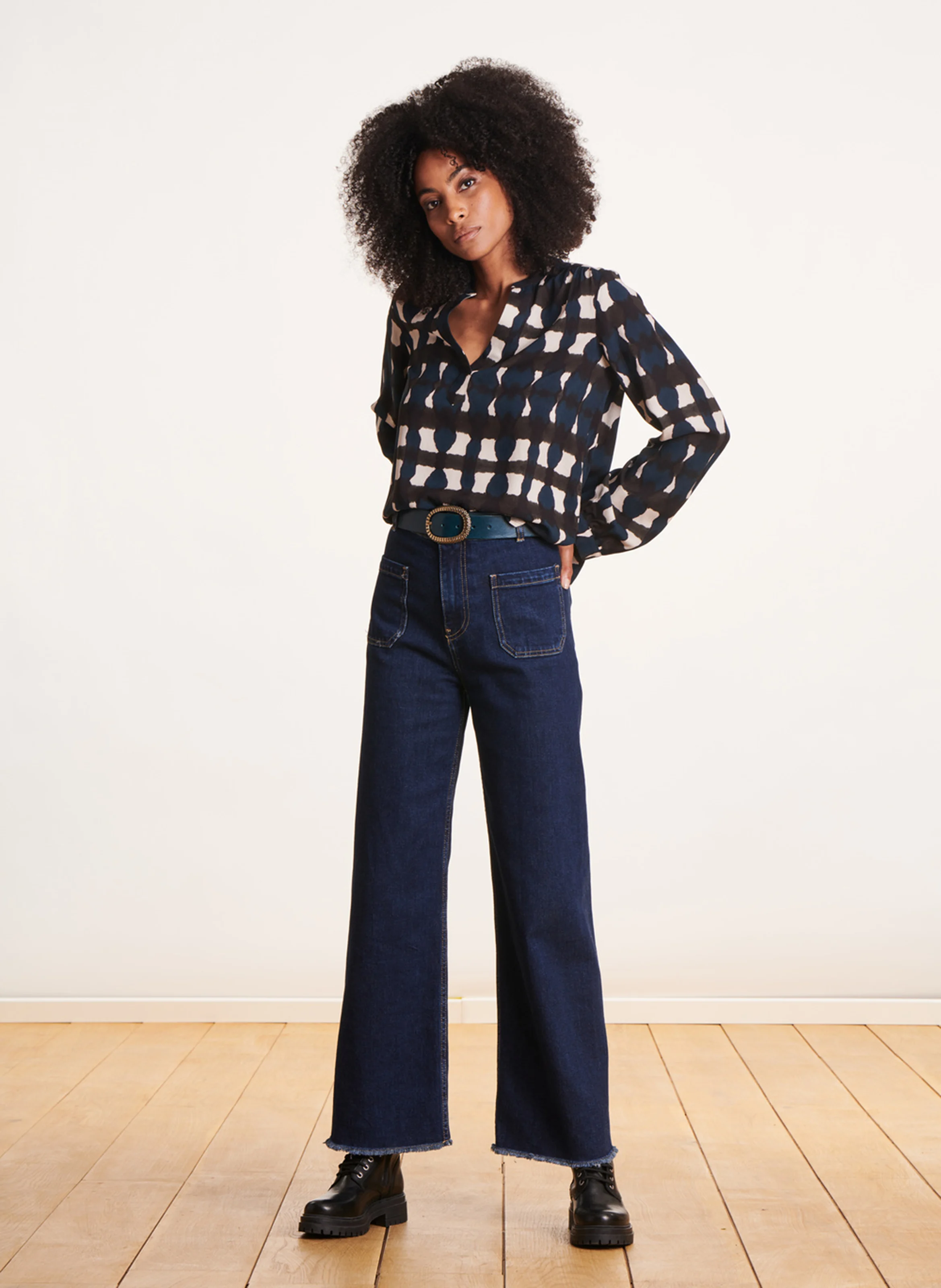 Top col V imprimé | Bleu