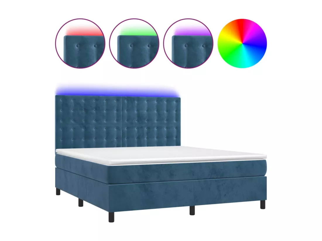 Sommier tapissier matelas et LED Bleu foncé 180x200 cm Velours