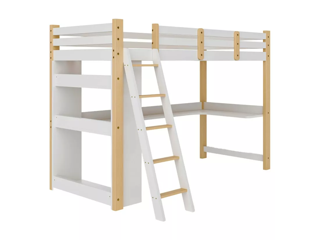 Lit mezzanine 90 x 200 cm - bureau intégré - avec balustrade, escalier et étagères - Bois massif et MDF - Blanc