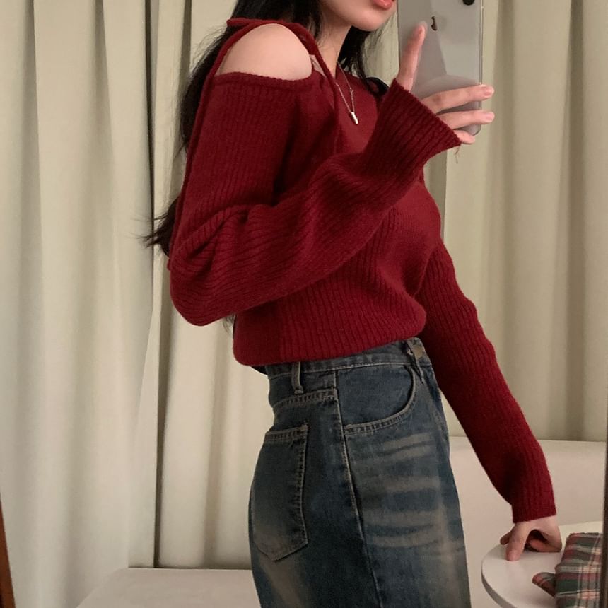 Shinsei - Lange mouwen, koude schouder, effen cropped trui