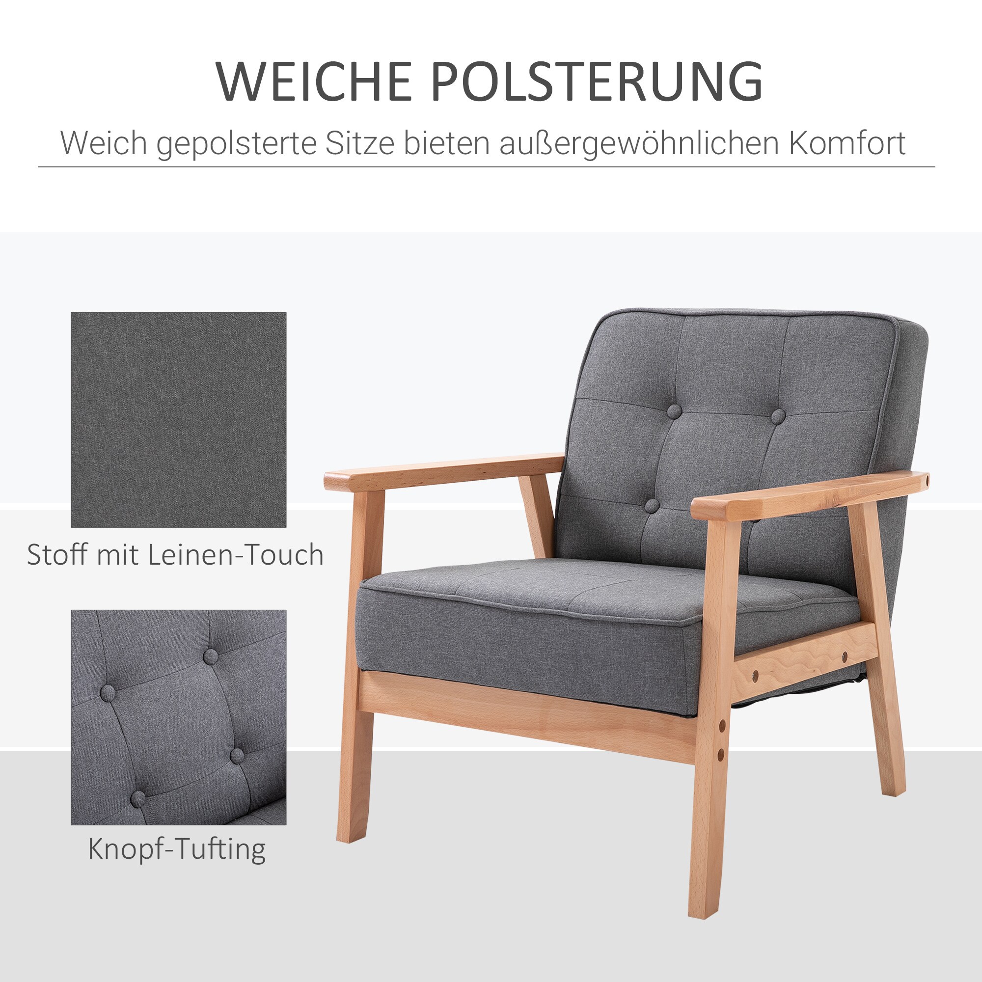 HOMCOM Polsterstuhl mit Armlehnen grau, natur 64,5 x 70 x 70 cm (BxTxH)