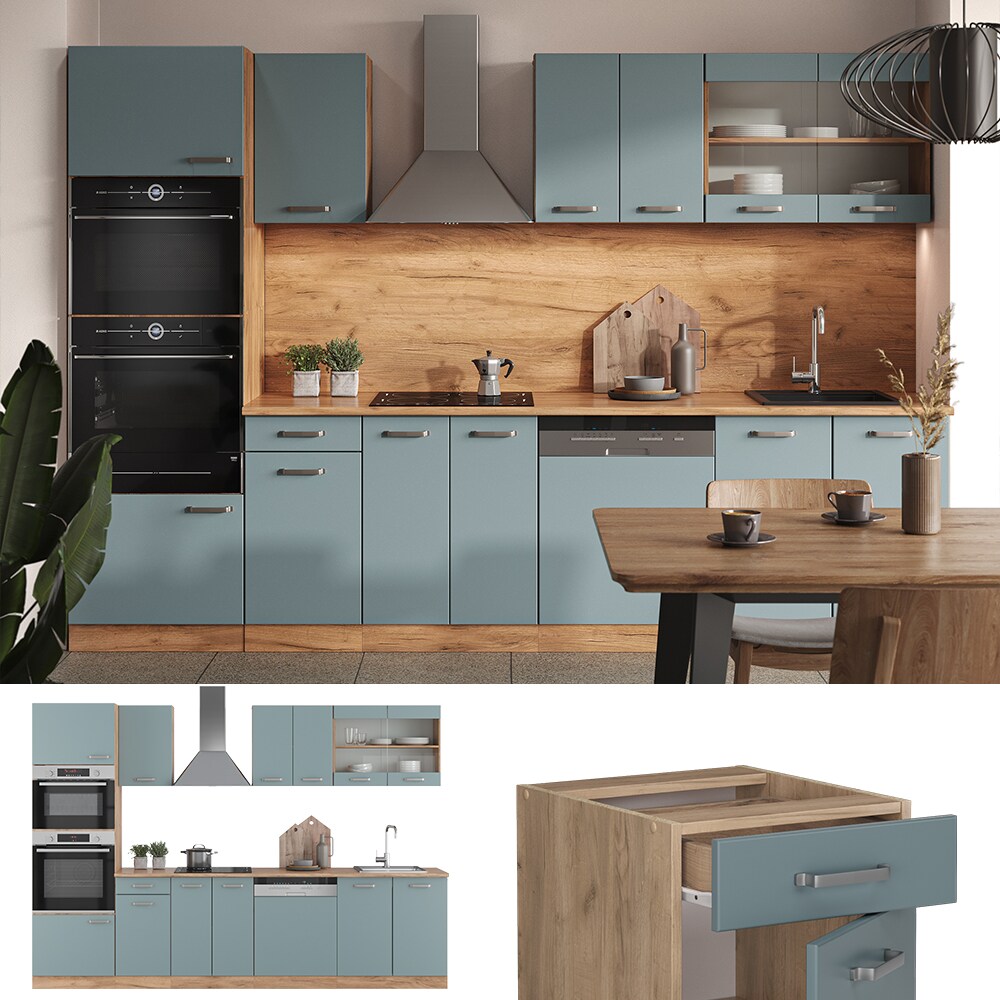 Vicco Küchenzeile R-Line Solid Eiche Blau Grau 300 cm modern Küchenschränke Küchenmöbel