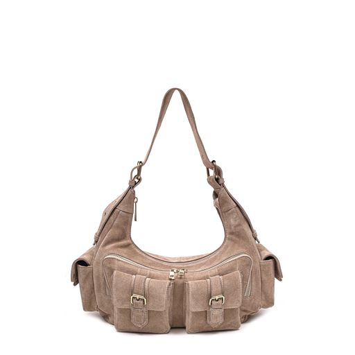 Núnoo Sally Buckle Suede Skuldertaske, Beige
