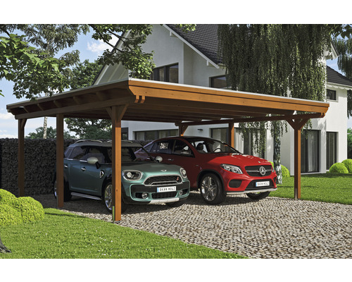SKAN HOLZ Emsland dubbele carport inclusief EPDM-membraan, paalankers 613 x 604 cm notenhout