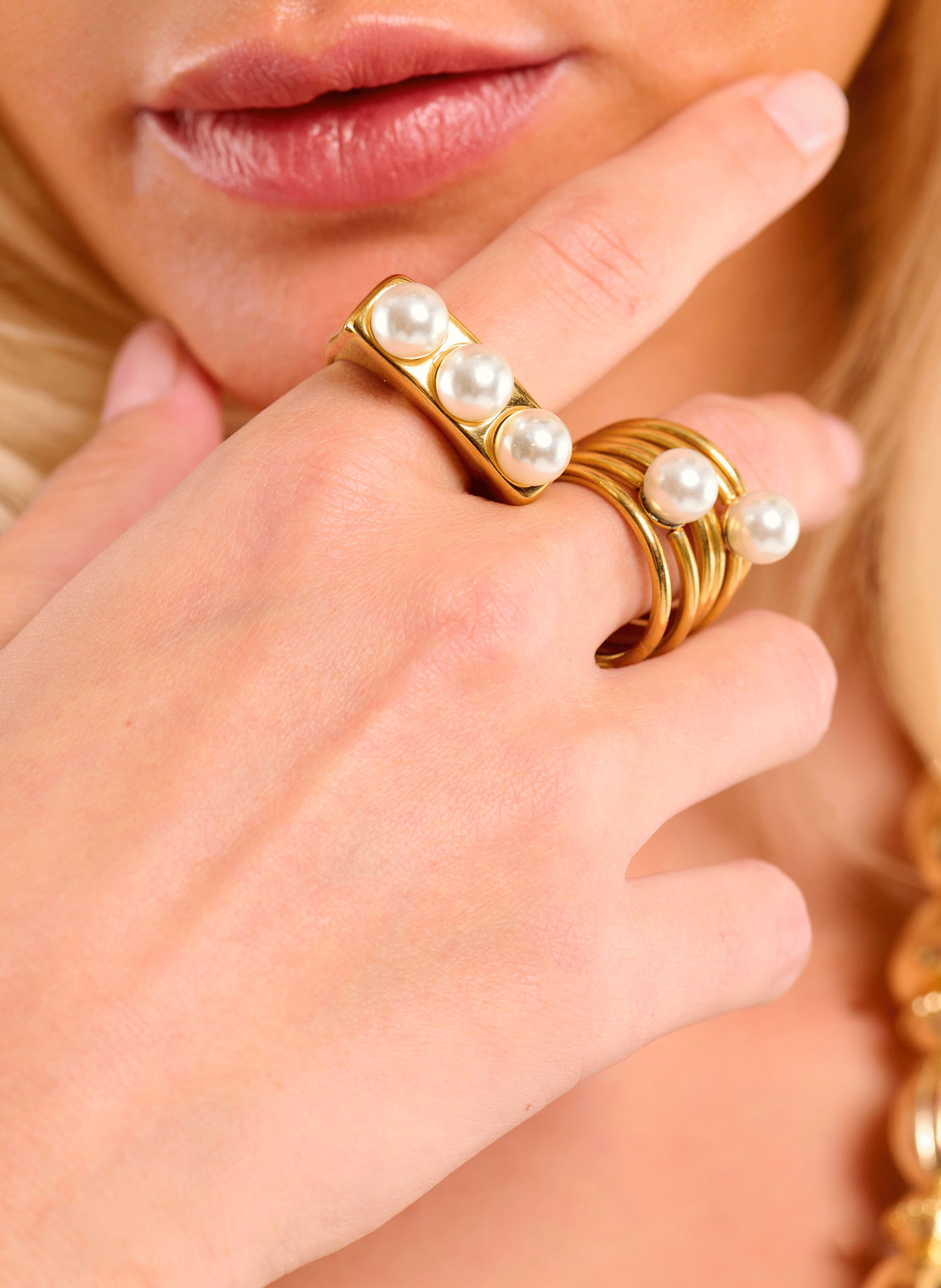 GRID - Bague perles en acier inoxydable | Doré