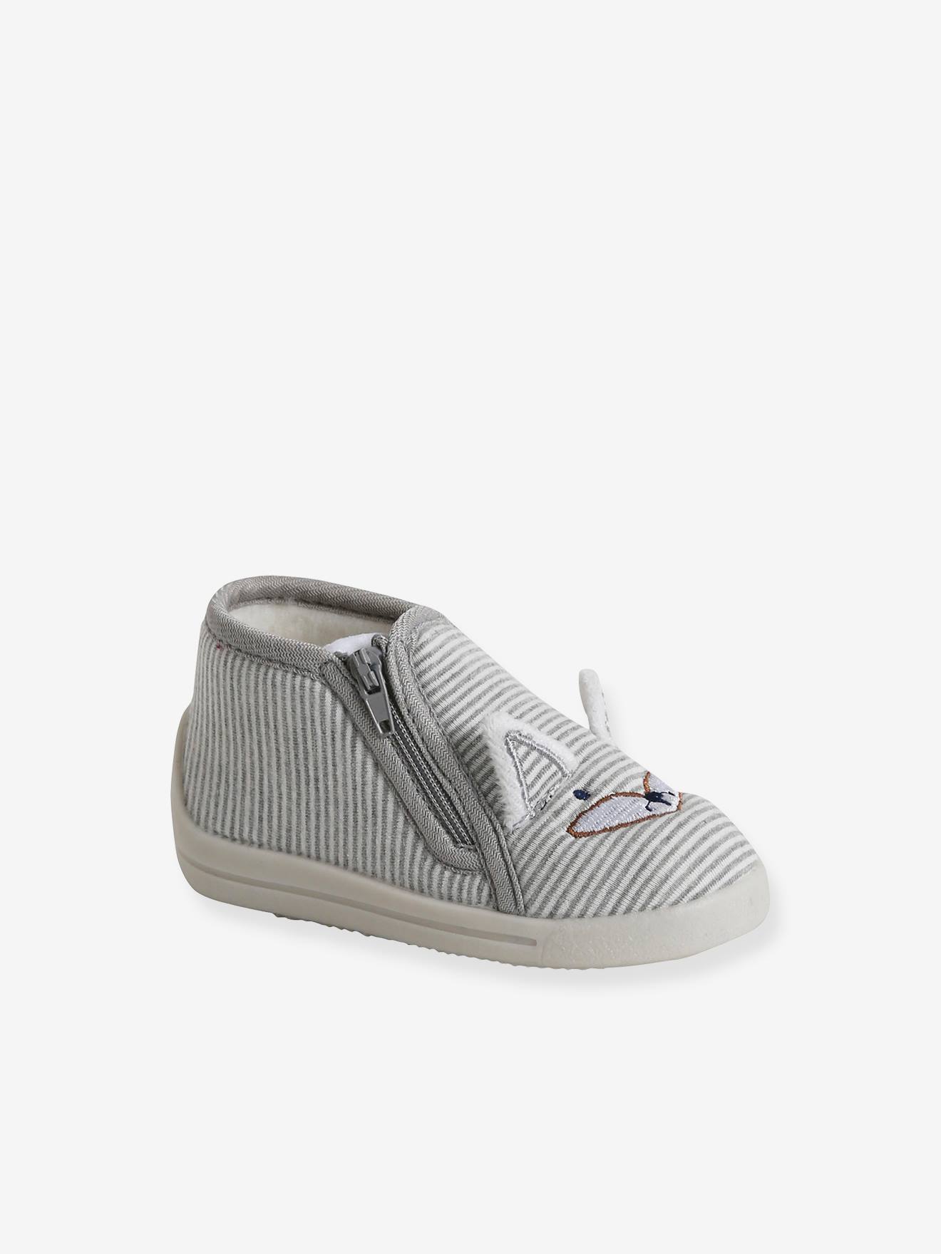 Pantufas de lona para bebê com zíper, listras cinza