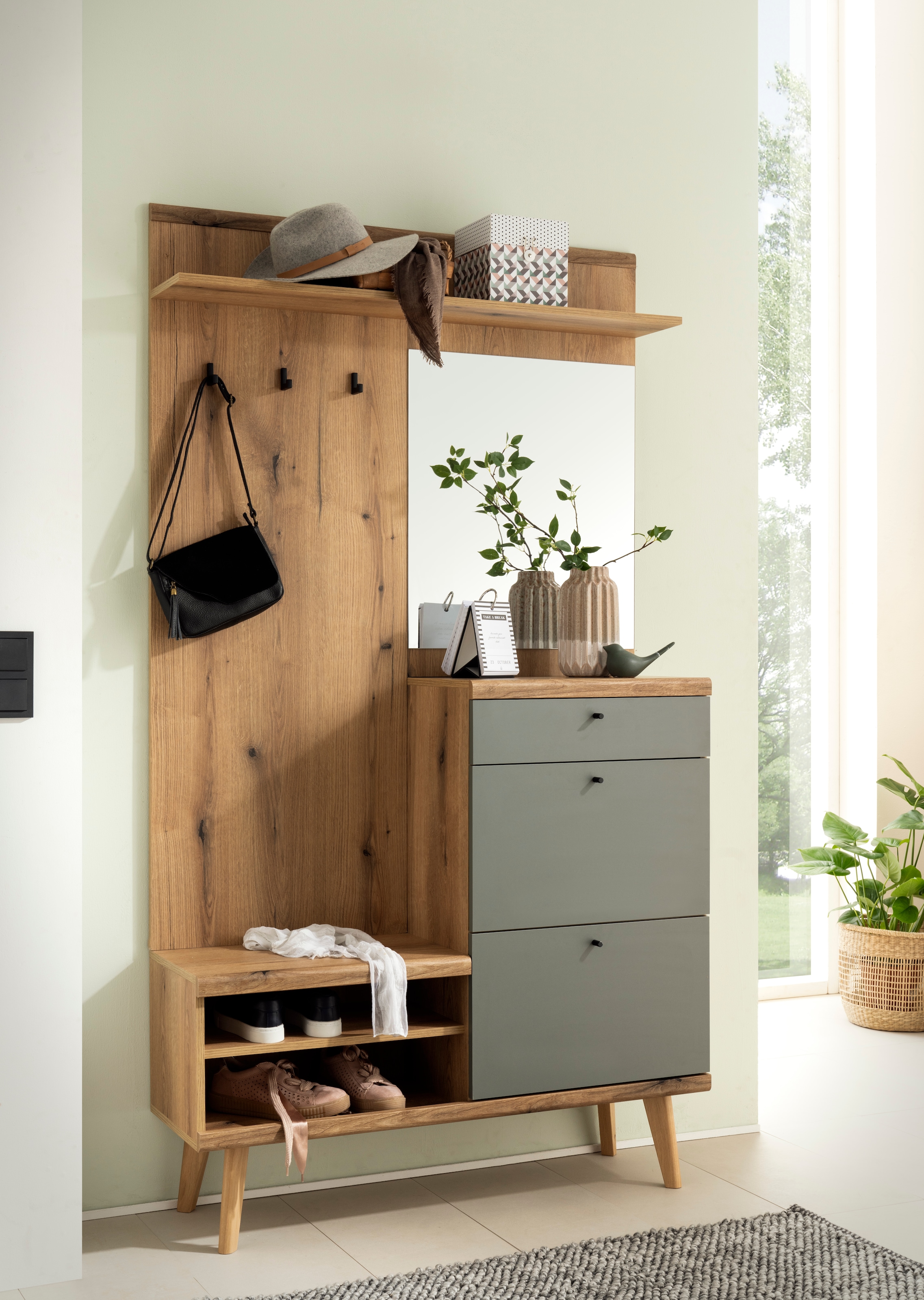 INOSIGN Kompaktgarderobe »Mavas, Garderobe, Garderobenschrank, ScandicDesign, Evoke Eiche/Salbei« ausreichend Stauraum, für kleine Räume geeignet, 110 cm breit