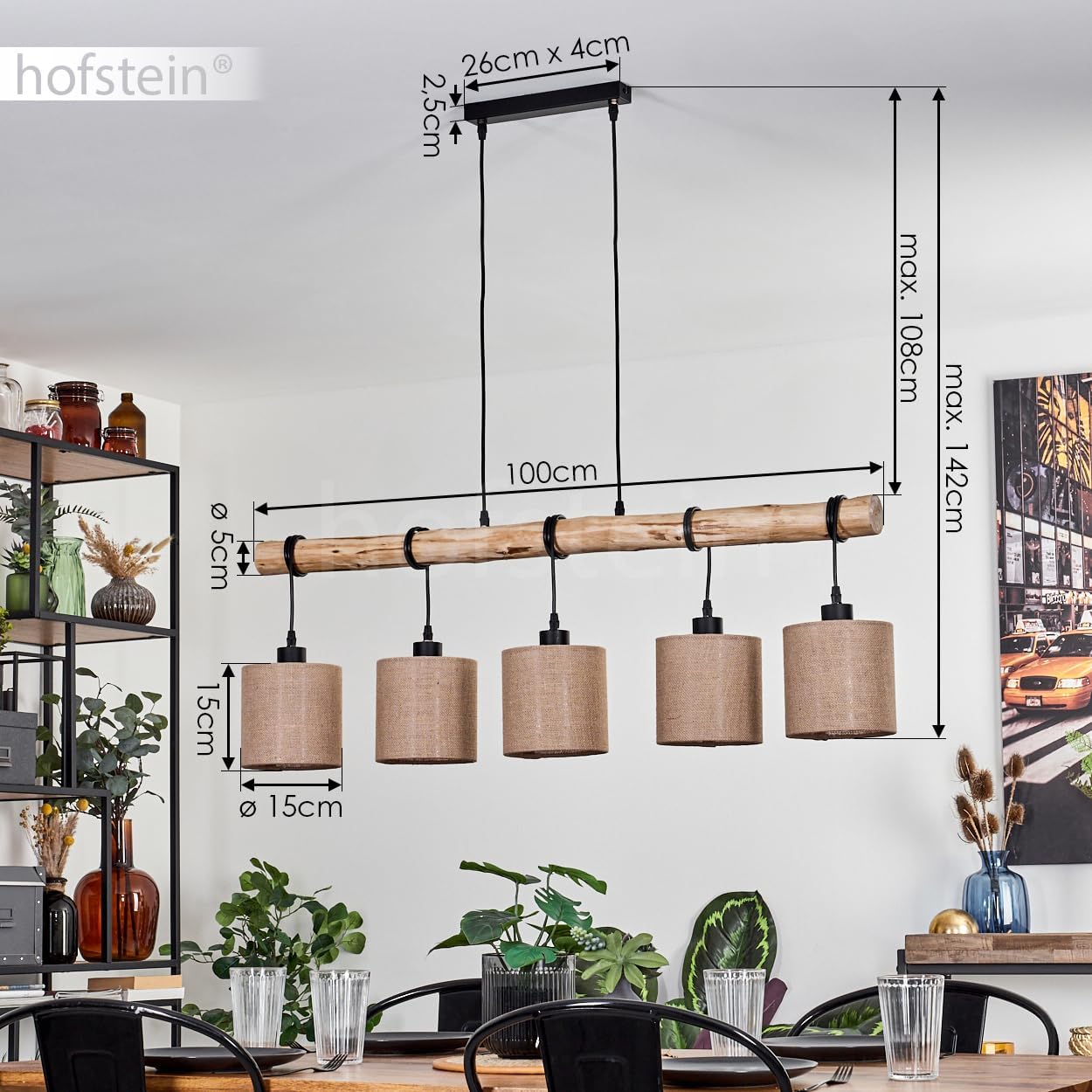 HOFSTEIN Pendelleuchte Soungou, moderne Hängelampe aus Holz/Metall/Leinen in Natur/Schwarz/Beige, 5-flammige Hängeleuchte im skandinavischen Design, Höhe max. 143 cm, E27, Wohnzimmer, Esszimmer, Küche