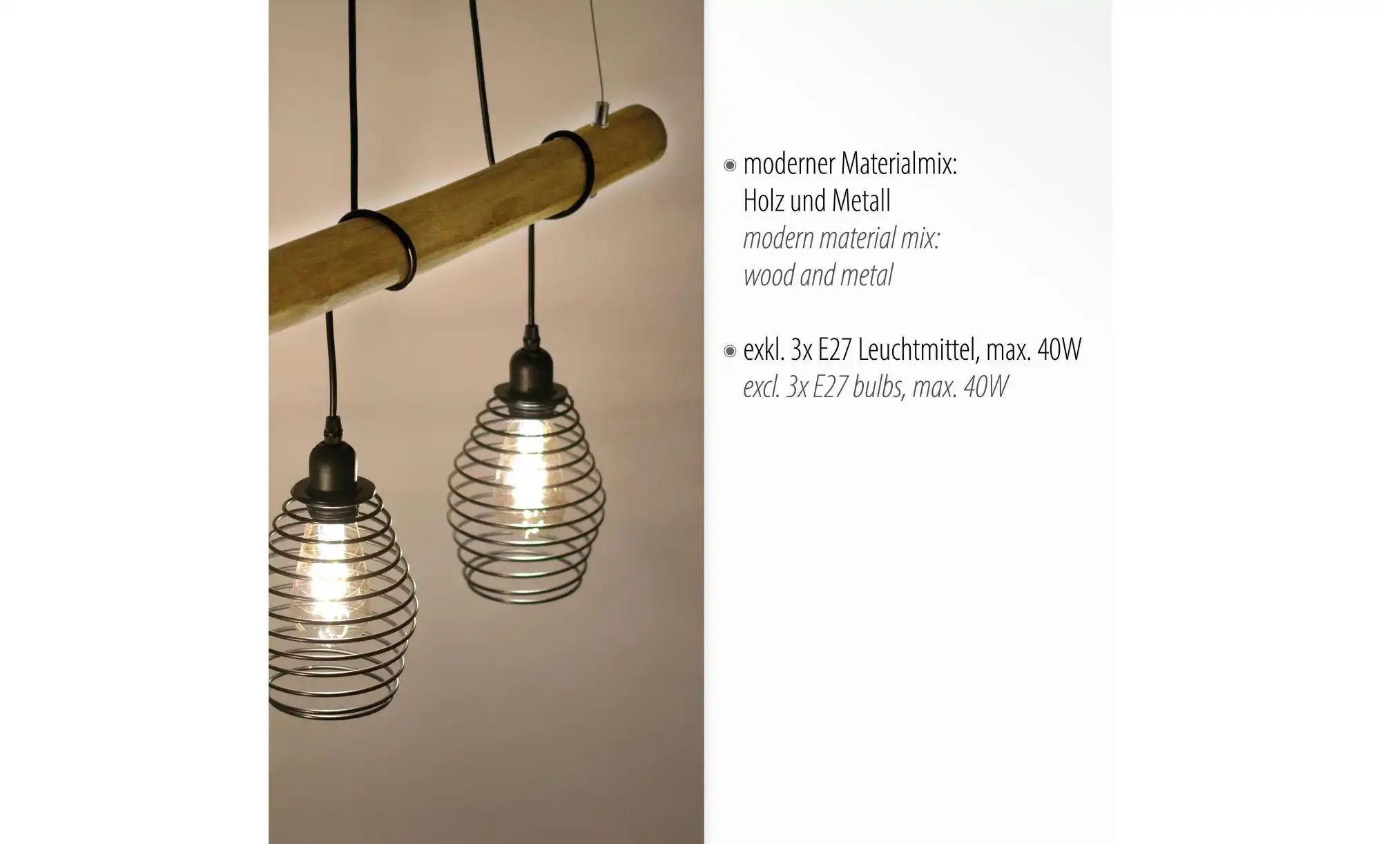 Paul Neuhaus Pendelleuchte, 3-flammig, Eukalyptus-Holz/ Metall