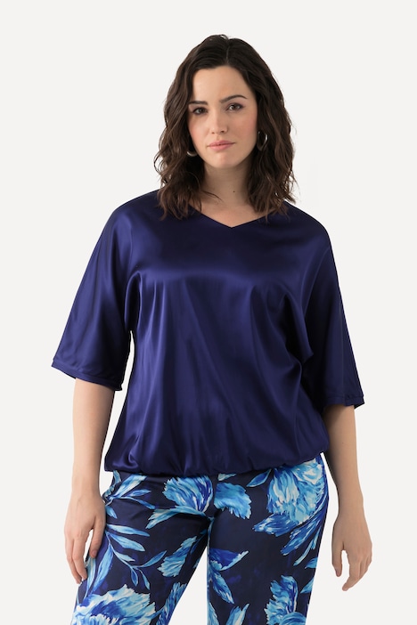Satinbluse, Oversized, V-Ausschnitt, Halbarm, Gummisaum
