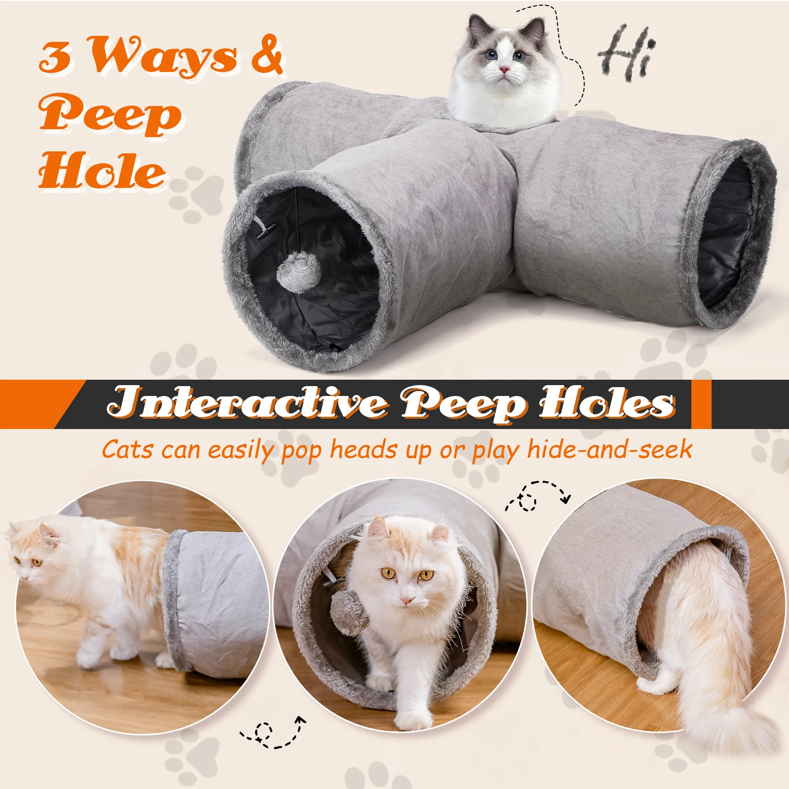 Túnel para Gatos Nobleza em Camurça Sintética, Túnel Interno de 3 Vias com 1 Orifício e Bola Pendurada, Brinquedo Dobrável para Animais de Estimação, Ideal para Gatos, Gatinhos, Coelhos e Furões (Cinza)
