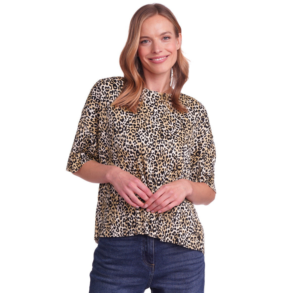 Gina Benotti Damen Plissee-T-Shirt im Leo-Look hellbraun / schwarz