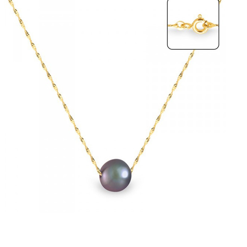 Collier Femme Ras du Cou et Chaine Singapour Or jaune 750/1000 et Perle de Culture d'eau douce Noire