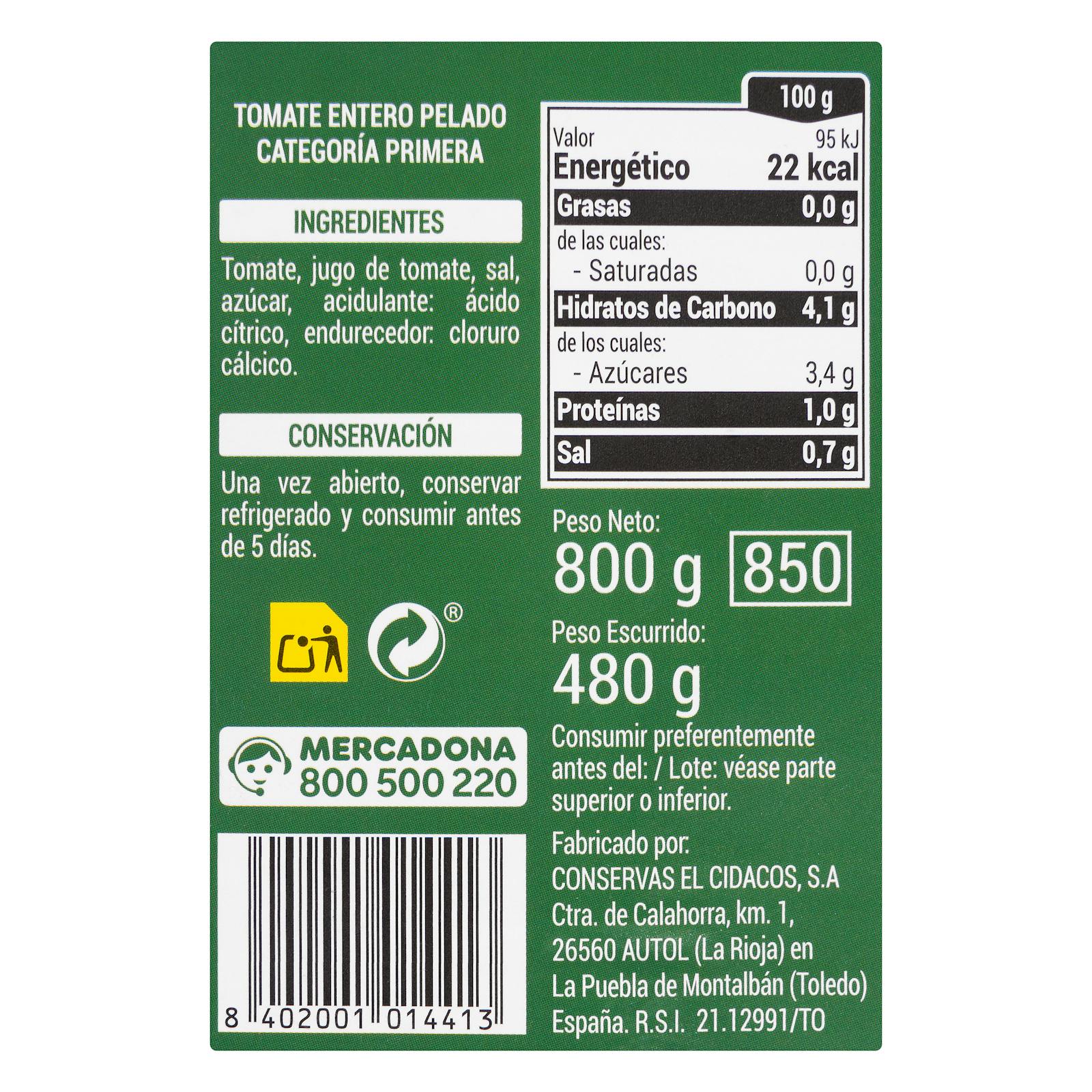 Tomates entières pelées Hacendado