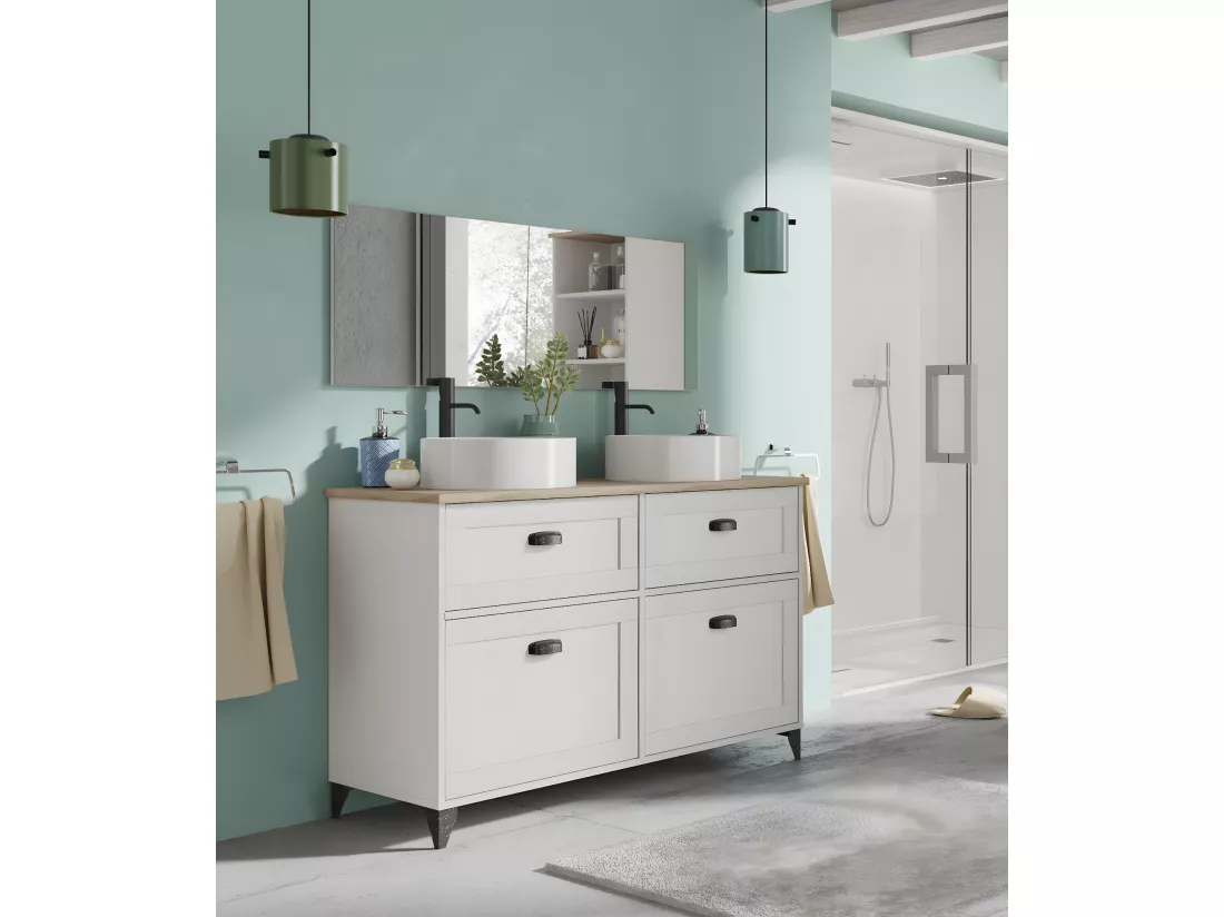 Meuble vasque pour salle de bain coloris blanc, chêne cambrian - L. 120 x L. 47 x H. 92 cm