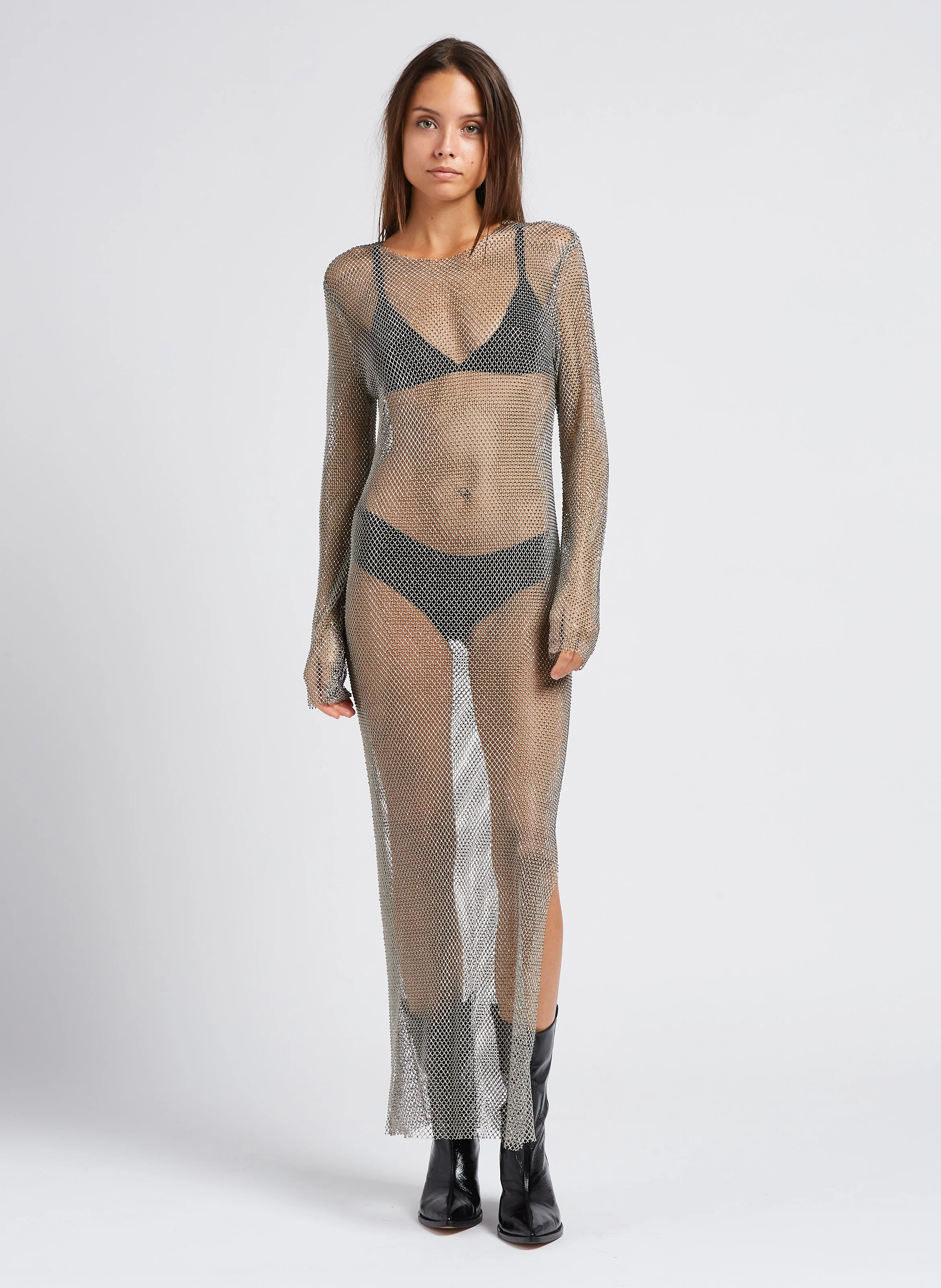 MAGDA - Robe longue col bateau à strass| Gris