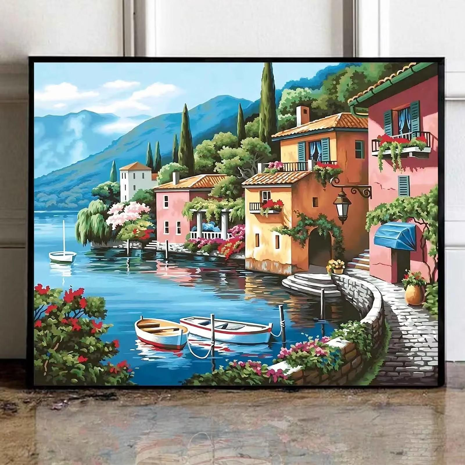 (9-tlg. Set) 50x40cm Malen Nach Zahlen DIY Leinen Tuch für Erwachsene und Kinder inkl. Bildaufhänger - Seeblick
