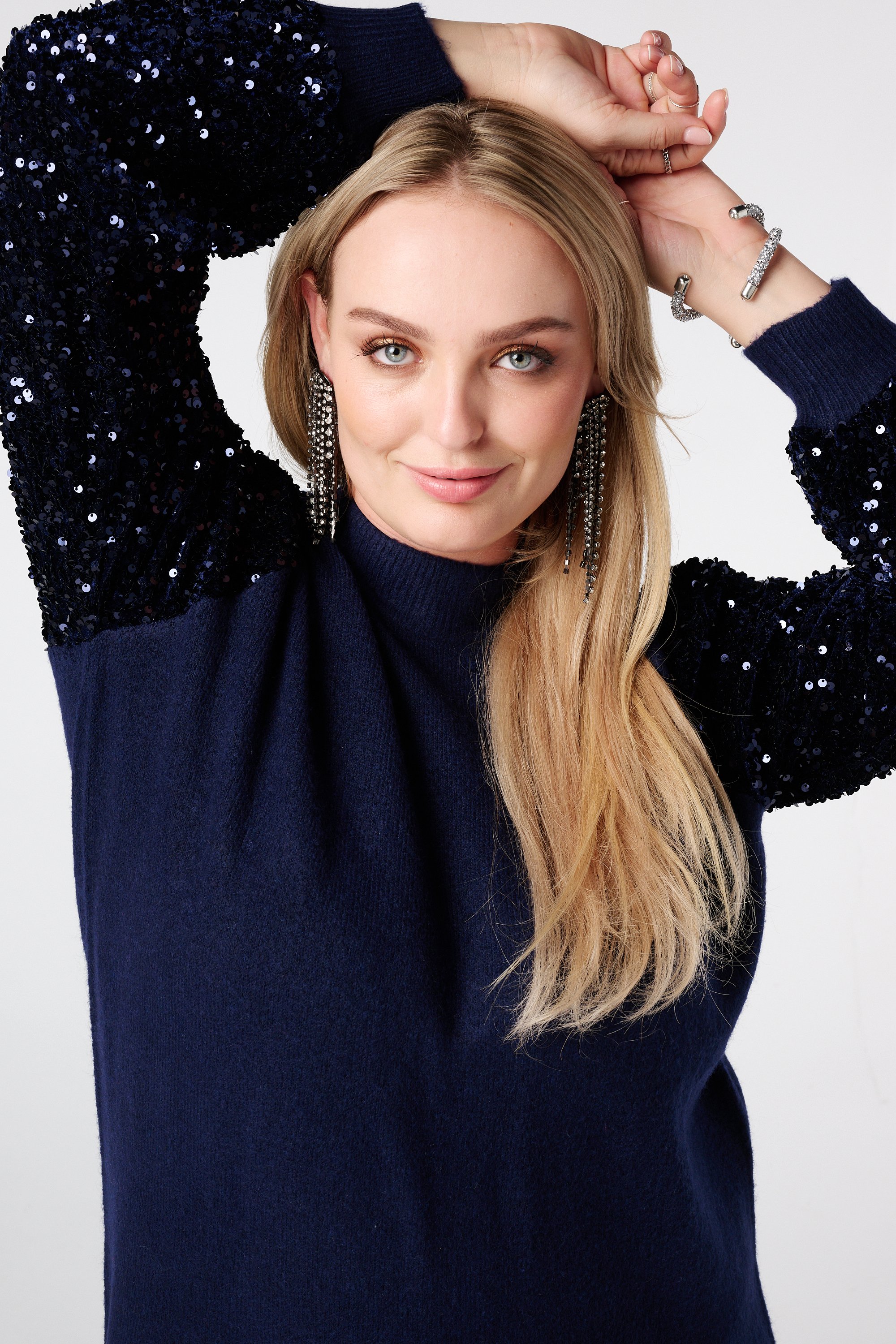 Gebreide tuniek met paillettenmouwen Navy blauw