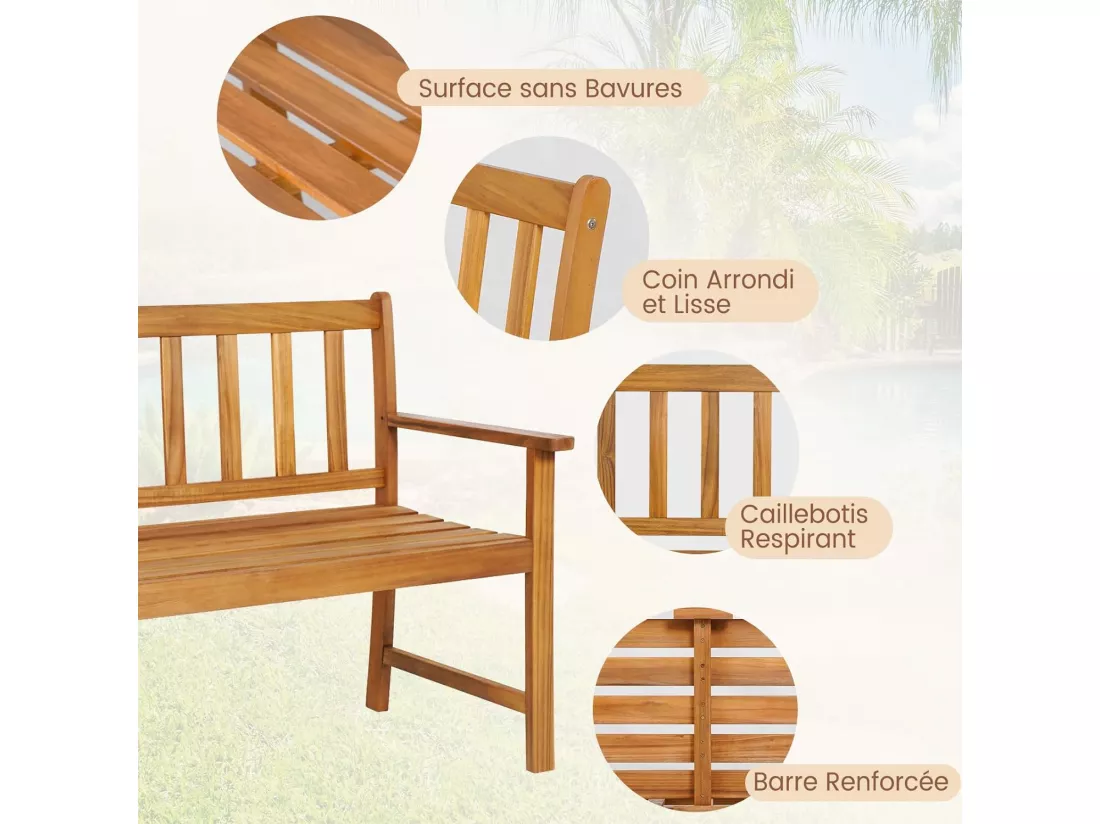 Banc de Jardin en Bois Massif d'Acacia, Banc d'Extérieur à 2 Places avec Accoudoirs, Siège à Lattes pour Parc, Porche, Cour, Charge 360 Kg, 122 x 56,5 x 86 CM (L x l x H), Naturel