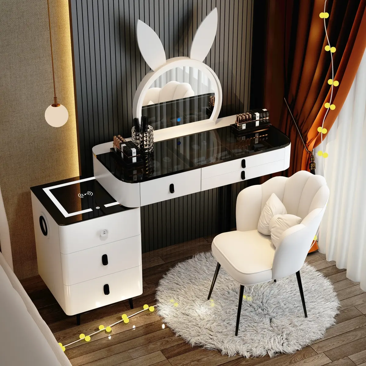 Conjunto de penteadeira inteligente com áudio Bluetooth e gavetas, 28