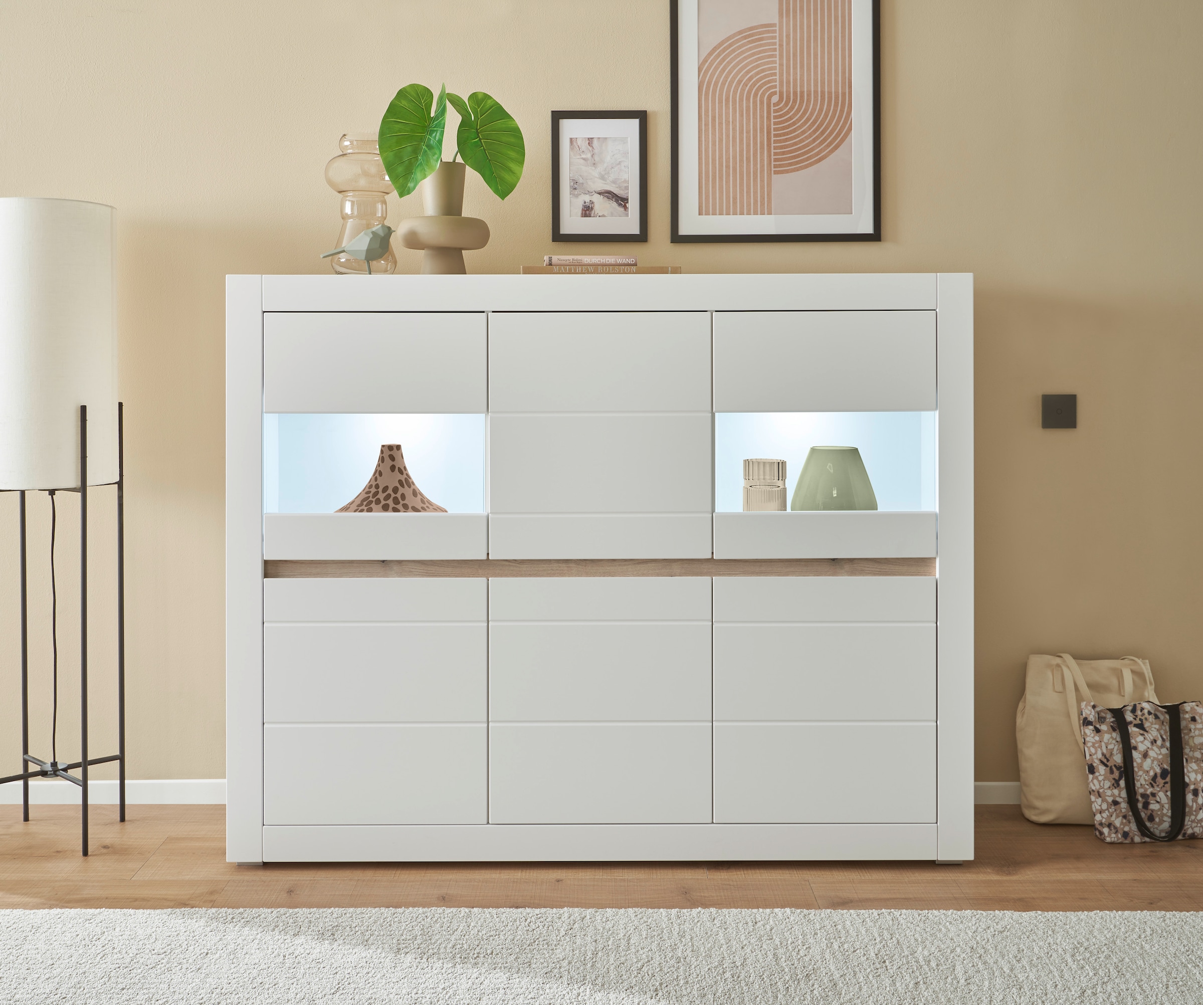 INOSIGN Highboard »Chester, moderne Kommode, Schrank mit Stauraum, Sideboard in Weiss Matt« 1 Stk. tlg. austauschbare Blende in Griffleiste, zeitloses Design, 165 cm breit