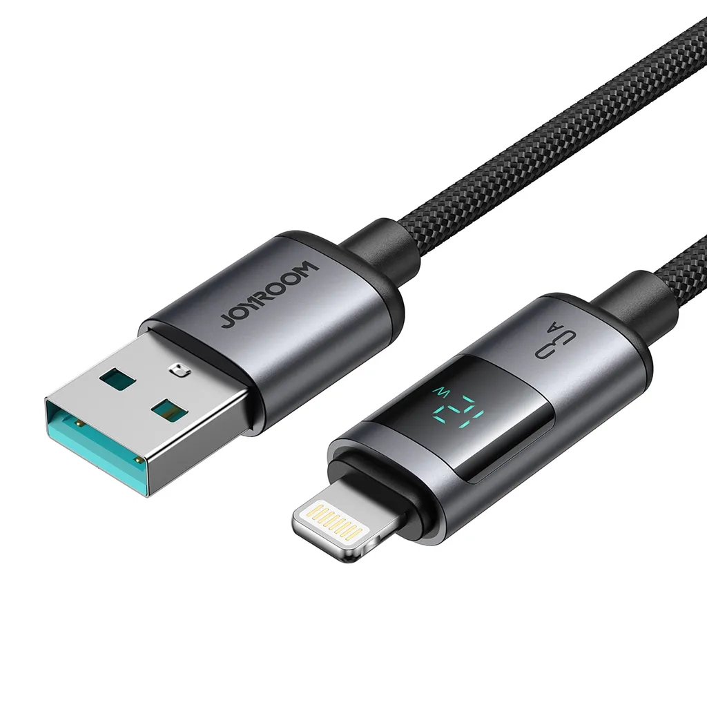 (1.2m) 12W/3A USB A auf Lightning Ladekabel Nylon Datenkabel mit LED Spannungs Anzeige - Schwarz