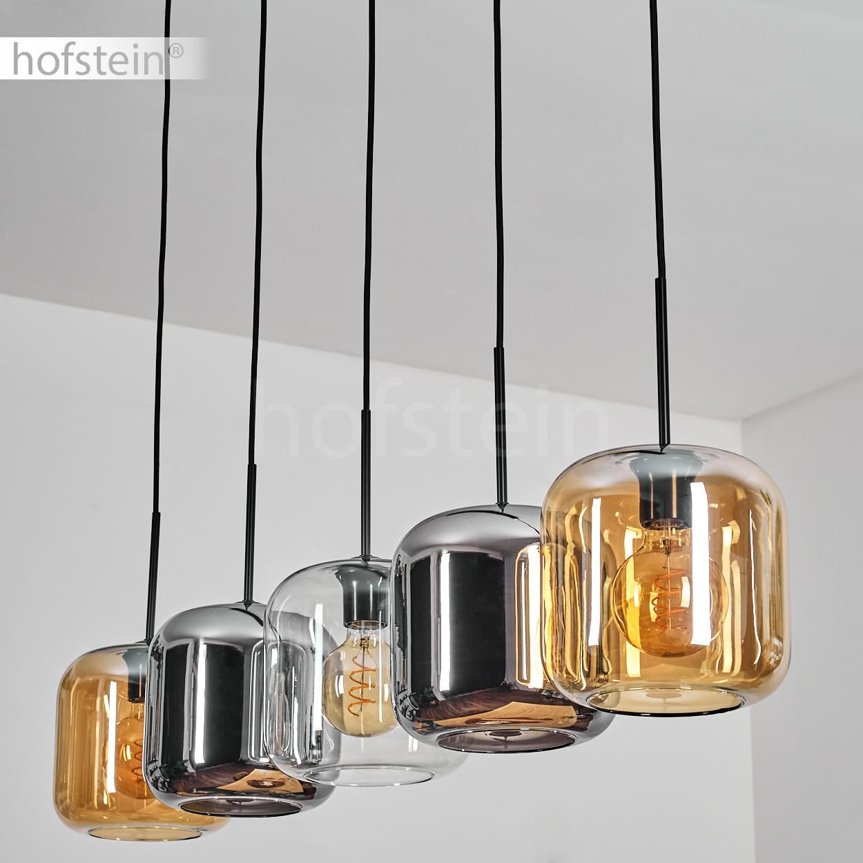 Pendelleuchte Lauden, Pendellampe aus Metall/Glas in Schwarz/Bernstein/Chrom/Klar, Leuchte im modernen Retro/Vintage-Design mit Schirmen aus Glas (Ø 20cm), Höhe max. 147,5cm, 5x E27, ohne Leuchtmittel