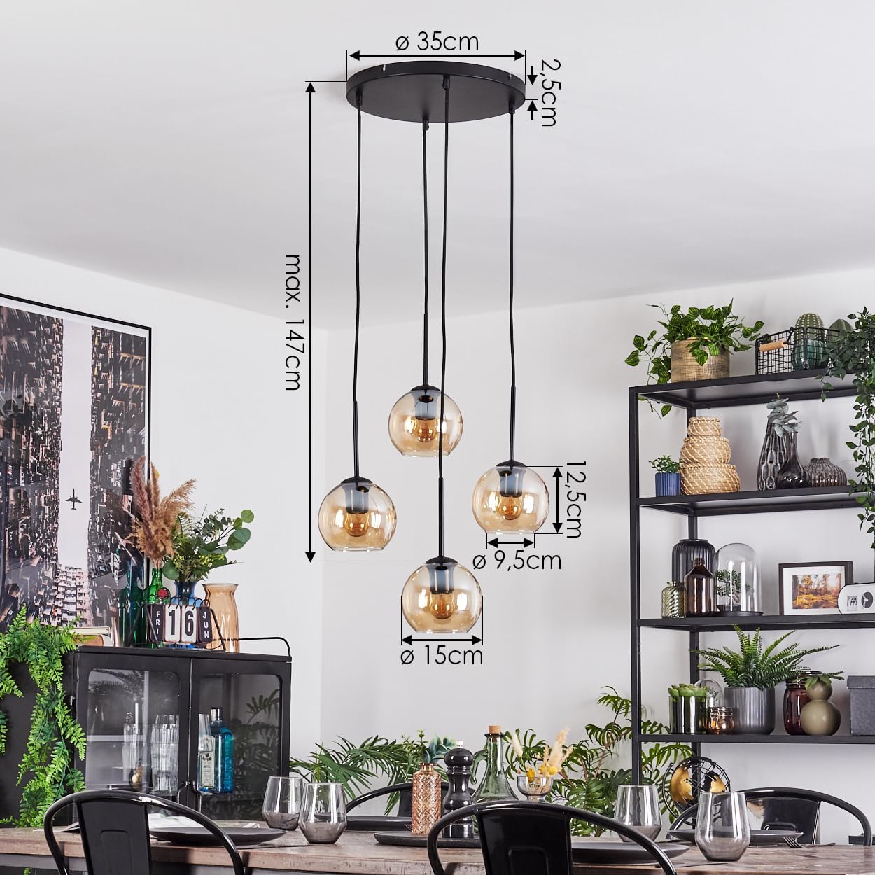 HOFSTEIN Hängeleuchte Koyoto, 4-flammige Hängelampe aus Metall/Glas in Schwarz/Bernsteinfarben, moderne Pendelleuchte im Retro/Vintage-Design (Schirme Ø 15 cm), E27, Esszimmer, Küche, Wohnzimmer, Flur