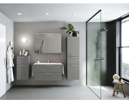 Badkamermeubelset NOBILIA Programma 2 BxHxD 210 x 169,1 x 48,7 cm, fronten hoogglans grijs, met wastafelmeubel en 3-deurs spiegelkast met ledverlichting, onderkast, halfhoge kast, greep mat chroom, 277