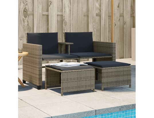 VIDAXL - Salon extérieur Canapé de jardin 2 places avec table et tabourets gris rotin