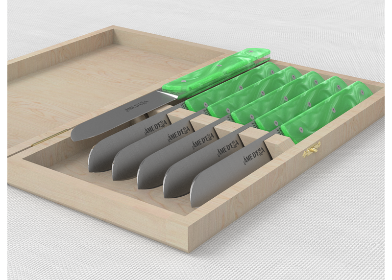 Service de 6 couteaux de table avec un manche en Madreperlato Vert Clair et lame en acier inoxidable