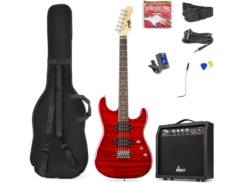 MAX E-Gitarre GigKit Quilted Style Rot E-Gitarre mit Zubehör