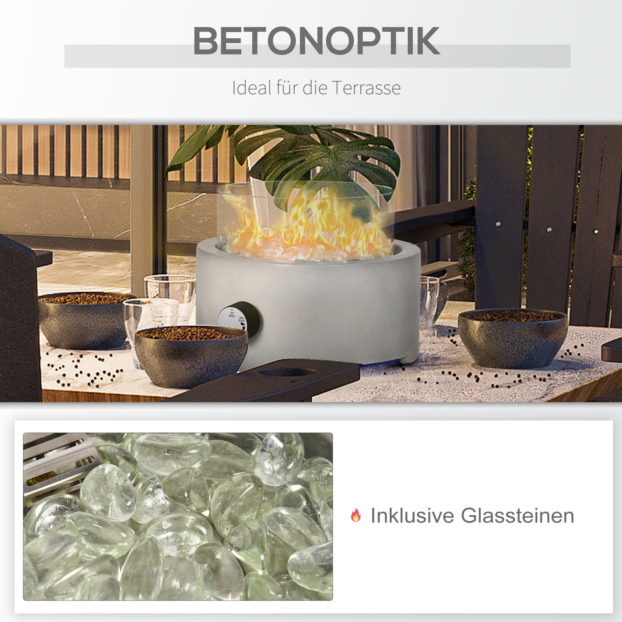 Outsunny Propan-Feuerstelle mit Glasperlen grau 25,4L x 25,4B x 18,5H cm