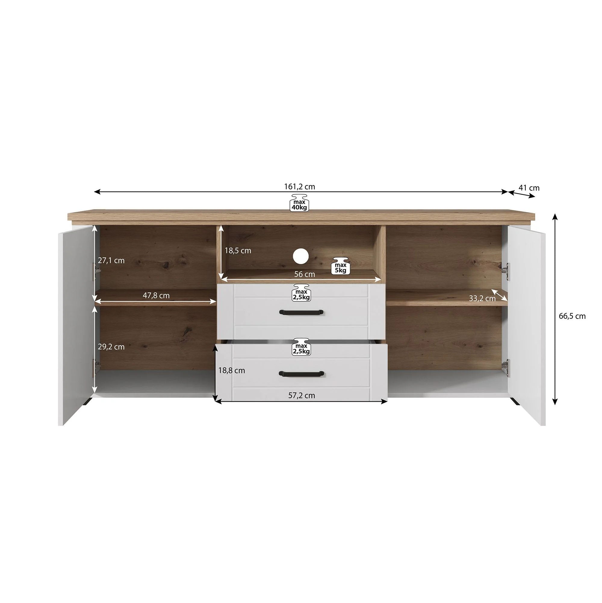Meubella - TV-Meubel Vernon - Wit - Eiken - 161 cm