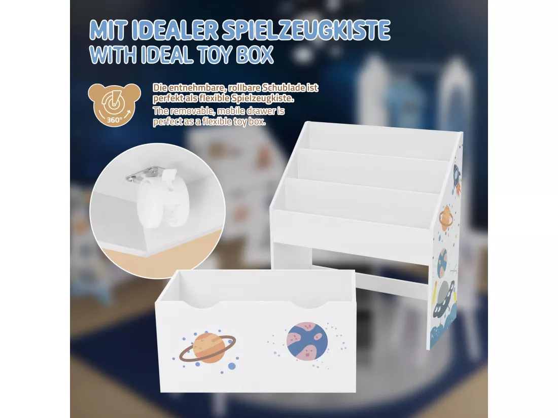 Joyz Banc de livres 3 compartiments sur roulettes étagère jouets chambre enfant