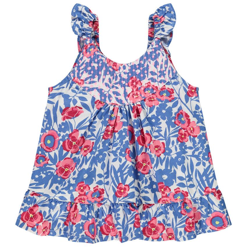 Tunique à bretelles volantées imprimé floral et broderies pour fille - Bleu moyen