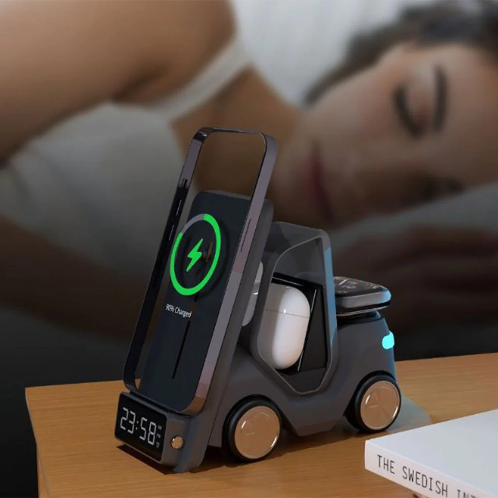 MagSafe Qi Wireless Charger Ladegerät Digitaler LED Wecker Tischuhr mit Nachtlicht für Apple iPhone / Apple Airpods / Apple Watch - Grau