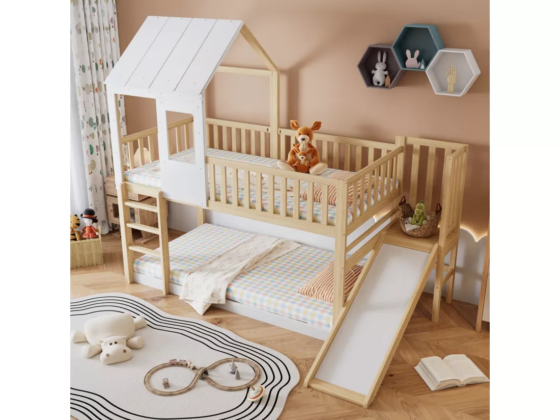 Lits superposés cabane 90 x 200 cm, avec escalier et toboggan, Pin certifié FSC, Blanc et naturel