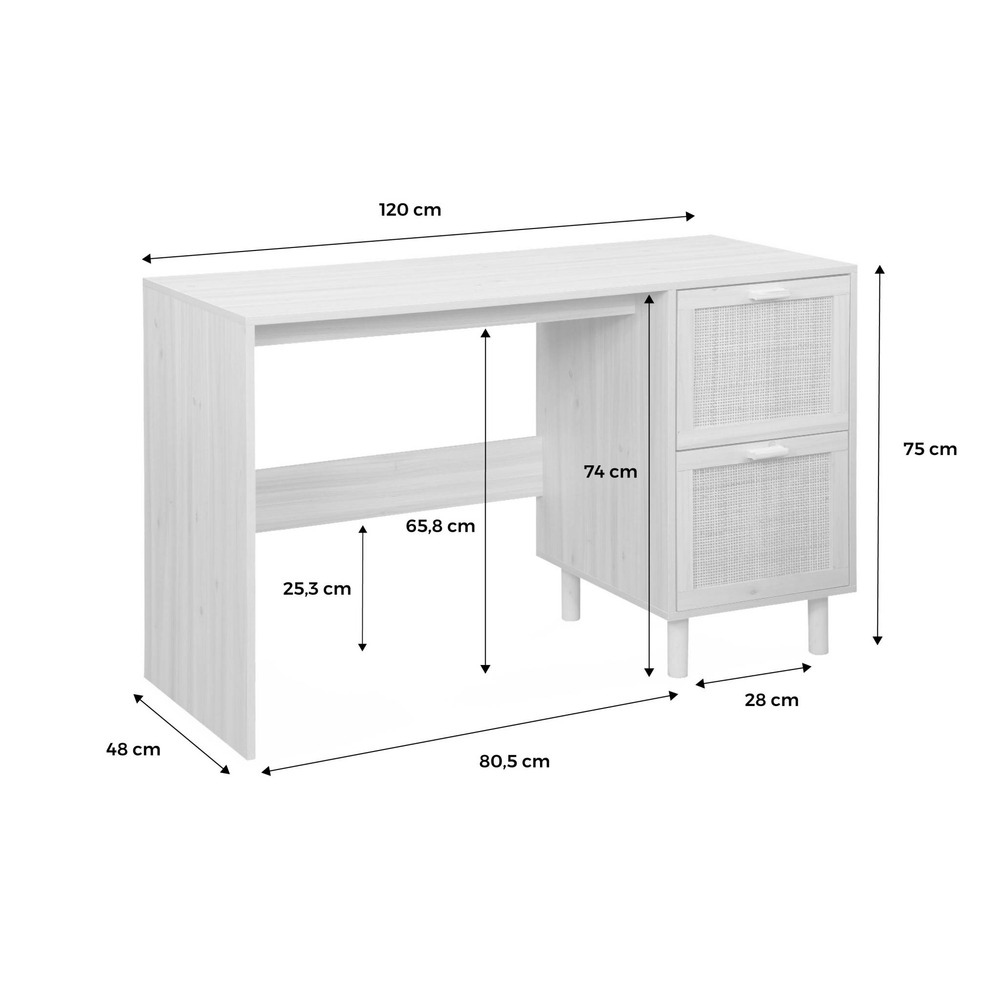 Bureau décor bois et cannage - camargue - 120cm. 2 tiroirs