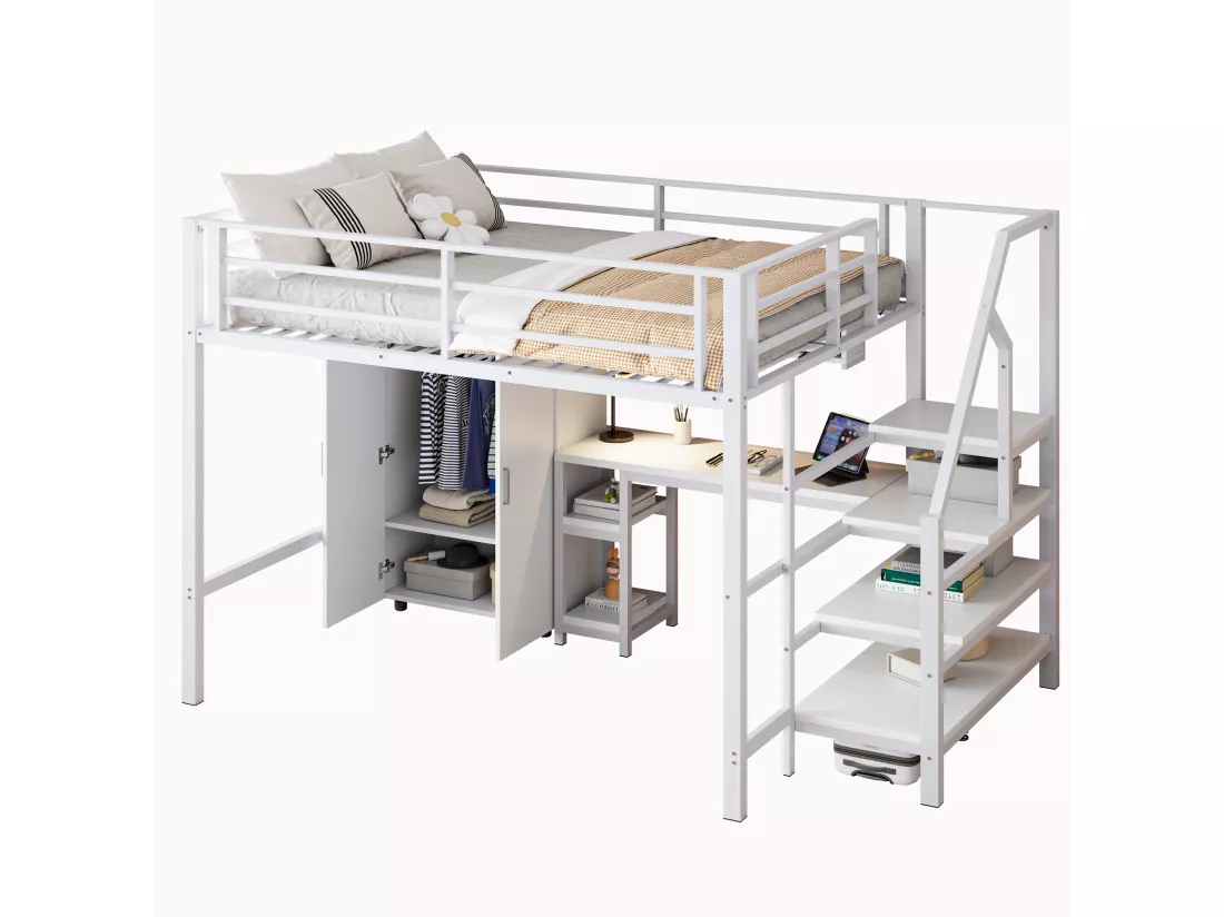 Lit mezzanine 140 x 200 cm avec bureau, armoire et étagères - Métal + MDF - Blanc (sans matelas)