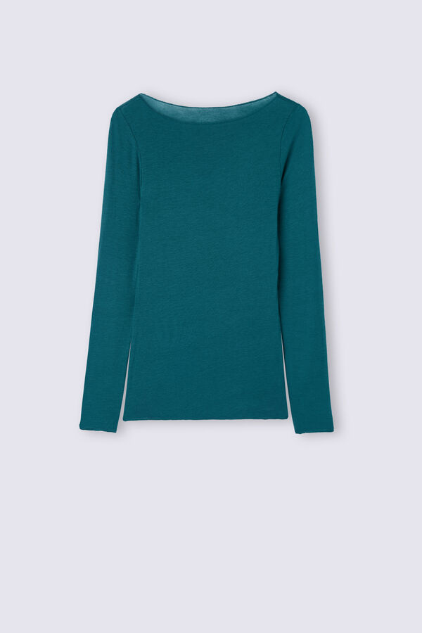 Camiseta de manga comprida ultraleve com decote canoa em cashmere modal