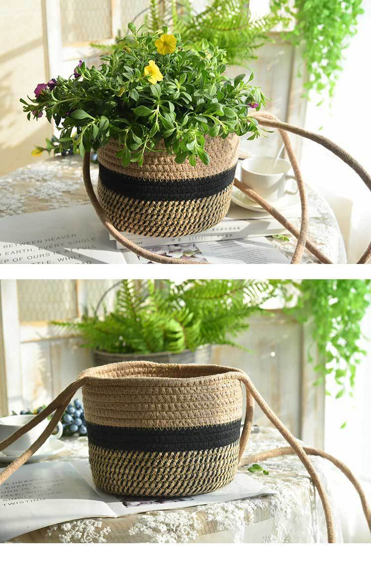 (Ø20x71cm) Hanfseil Korb Boho Deko Blumentopf Hygge Lifestyle Hängender Pflanzen Übertopf - Schwarz / Braun